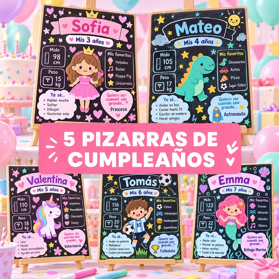 Mockup realista del bono 6 con pizarras de cumpleaños infantiles.