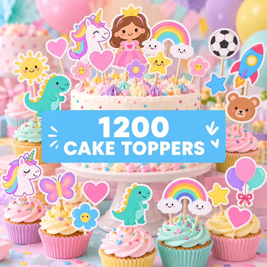 Mockup realista del bono 7 con cake toppers para fiestas.
