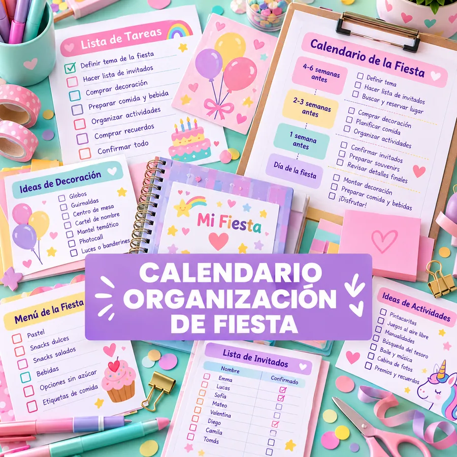 Mockup realista del bono 8 con calendario de organización de fiesta.