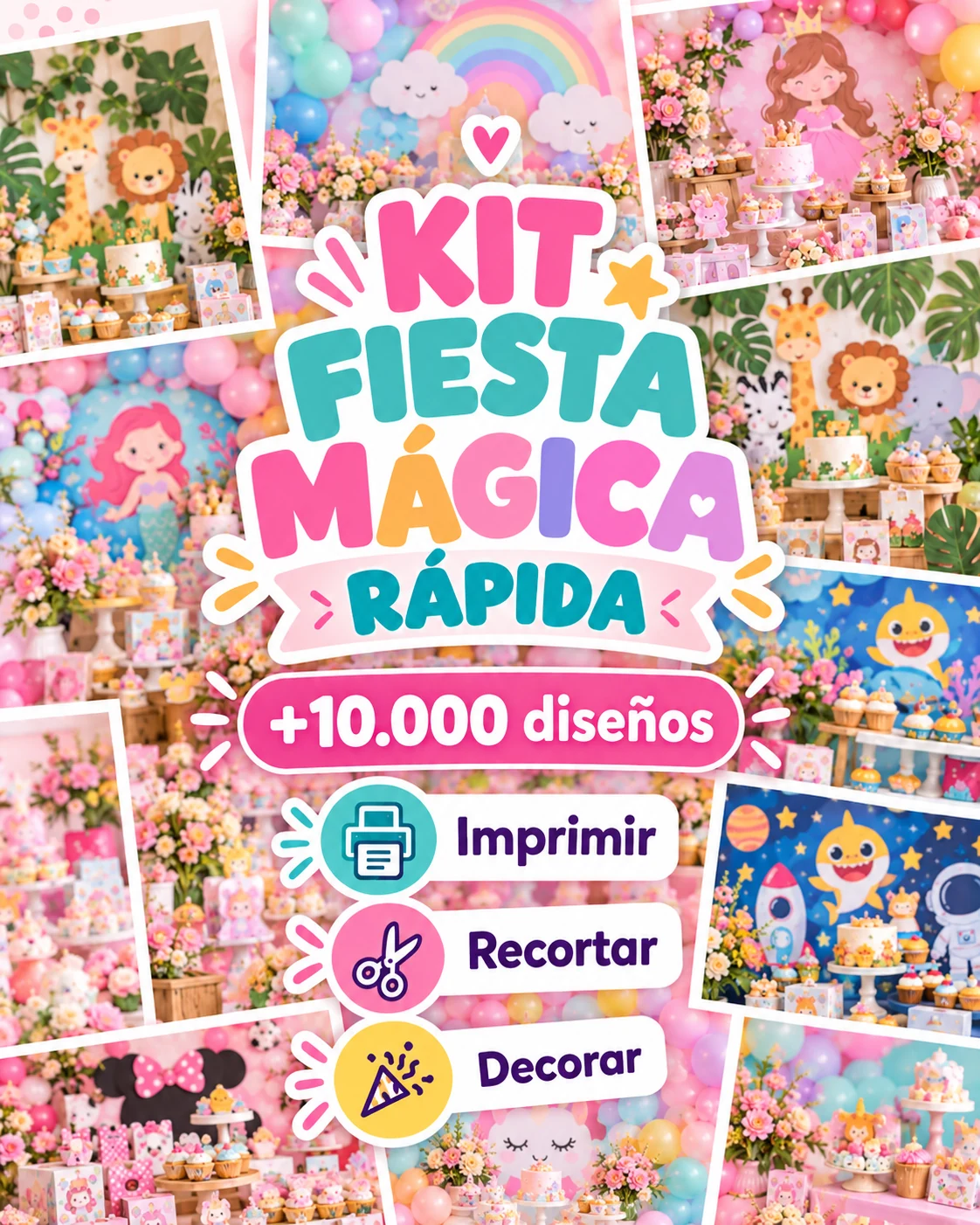 Arte promocional Fiesta Mágica Rápida, con un collage de fiestas infantiles, +10.000 diseños e instrucciones: imprimir, recortar y decorar.